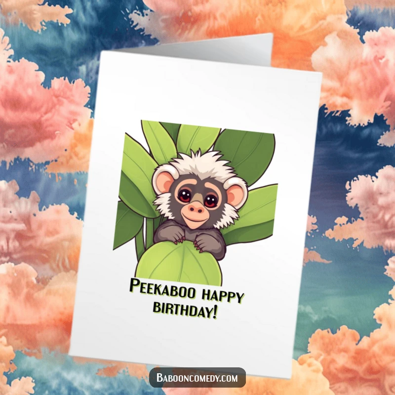 Funny Free Printable Birthday Card: A kawaii baboon peeks from behind a big leafy plant, eyes full of playful mischief.