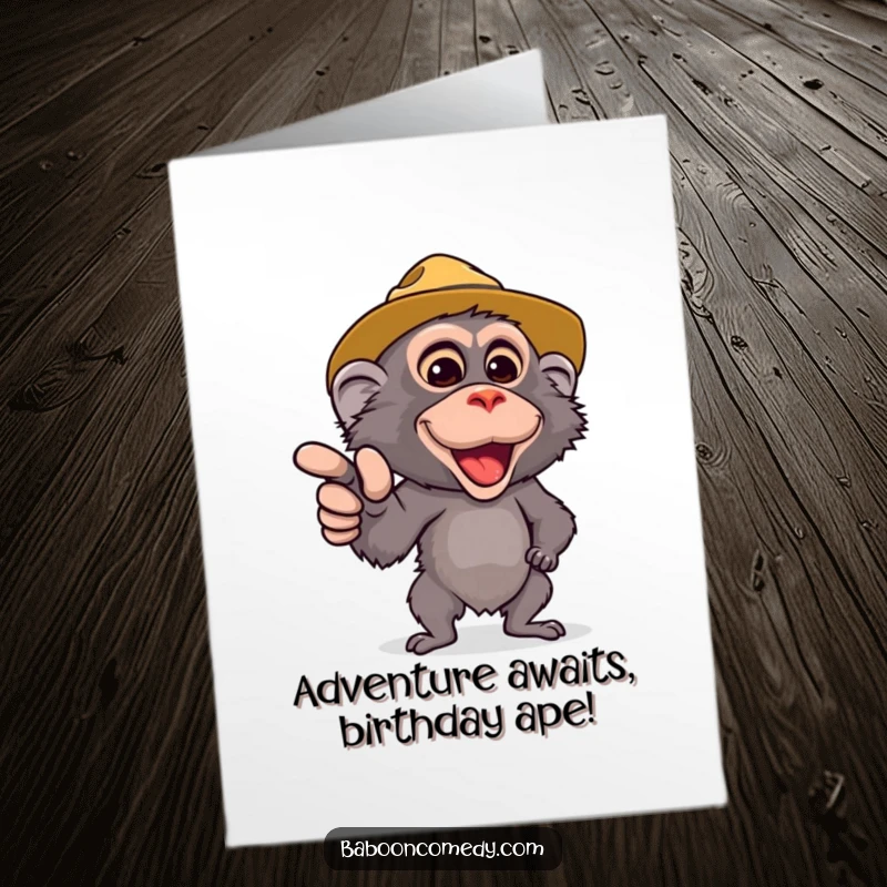 Funny Free Printable Birthday Card: Cute safari baboon in hat excitedly pointing, ready for celebration.