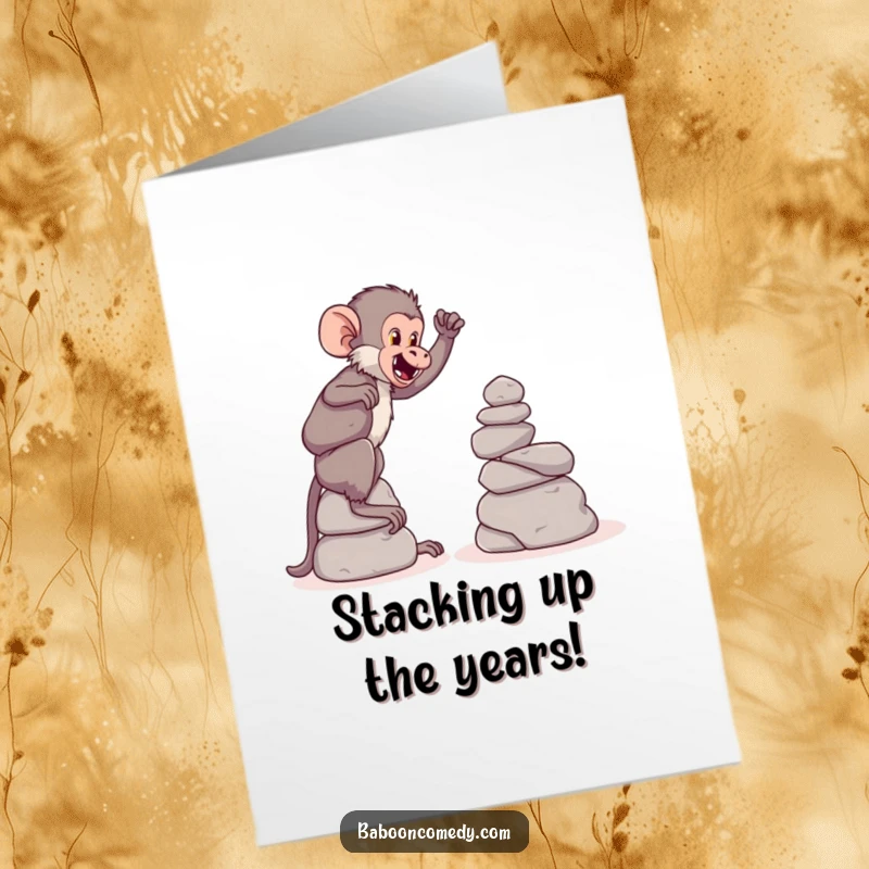 Funny Free Printable Birthday Card showing a playful baboon carefully stacking large, smooth stones into a wobbly tower.