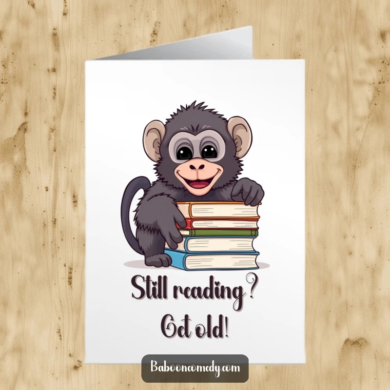 Funny Free Printable Birthday Card: A mischievous baboon peeks over books, giggling with a sly grin.