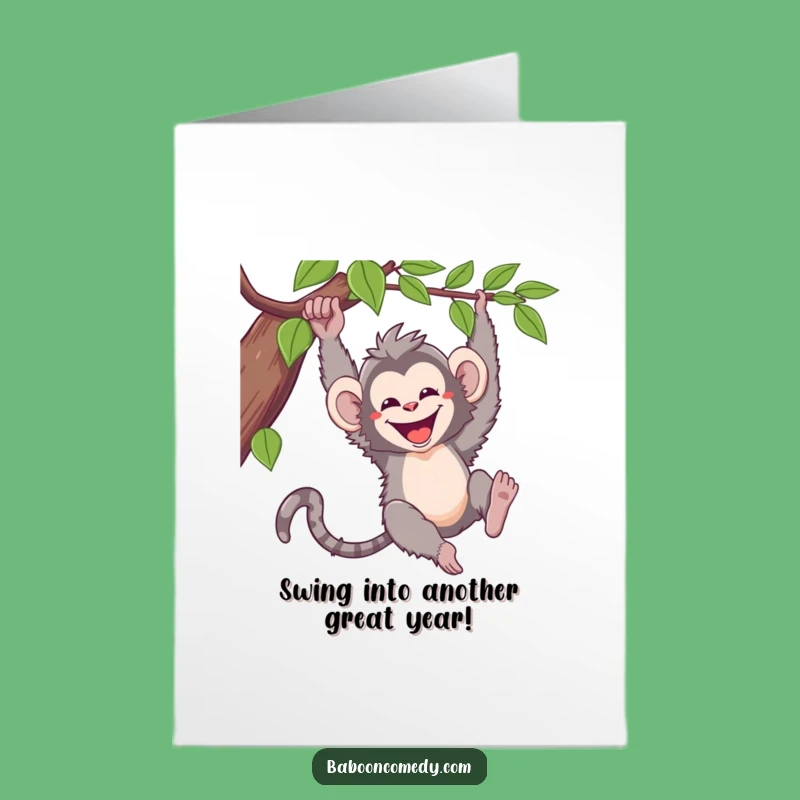 Free Printable Birthday Card: Funny Kawaii Baboon Swinging! Hilarious Downloadable Gift.
