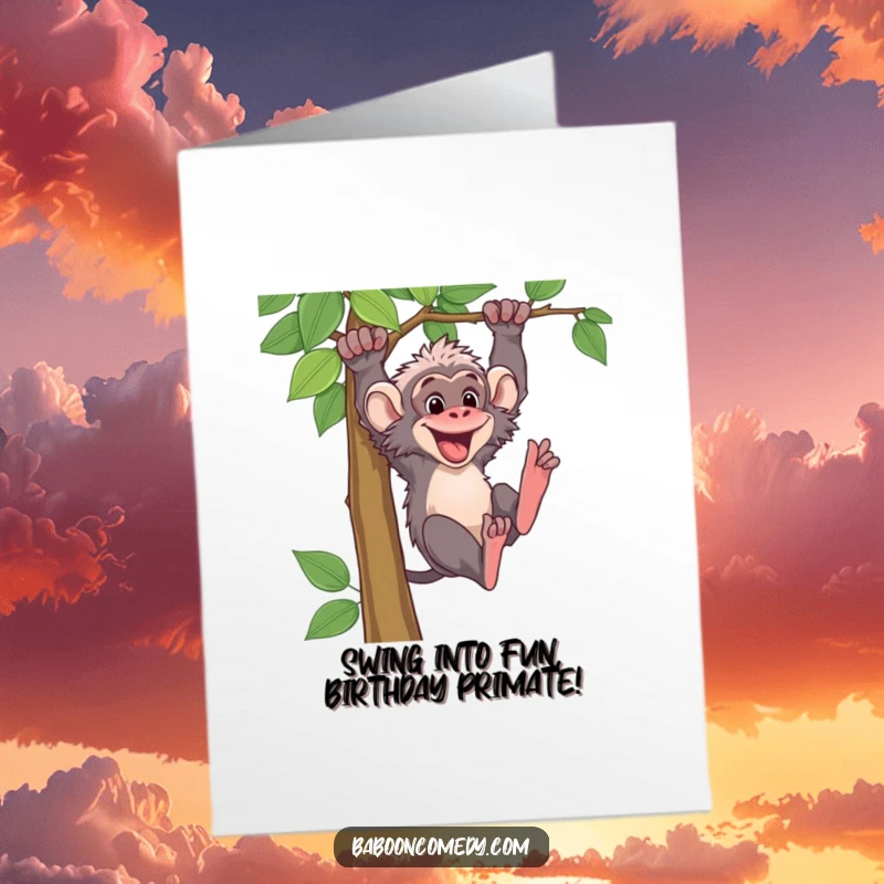 Funny Free Printable Baboon Birthday Card: Energetic primate swinging wildly from a vine, spreading birthday joy with a grin.