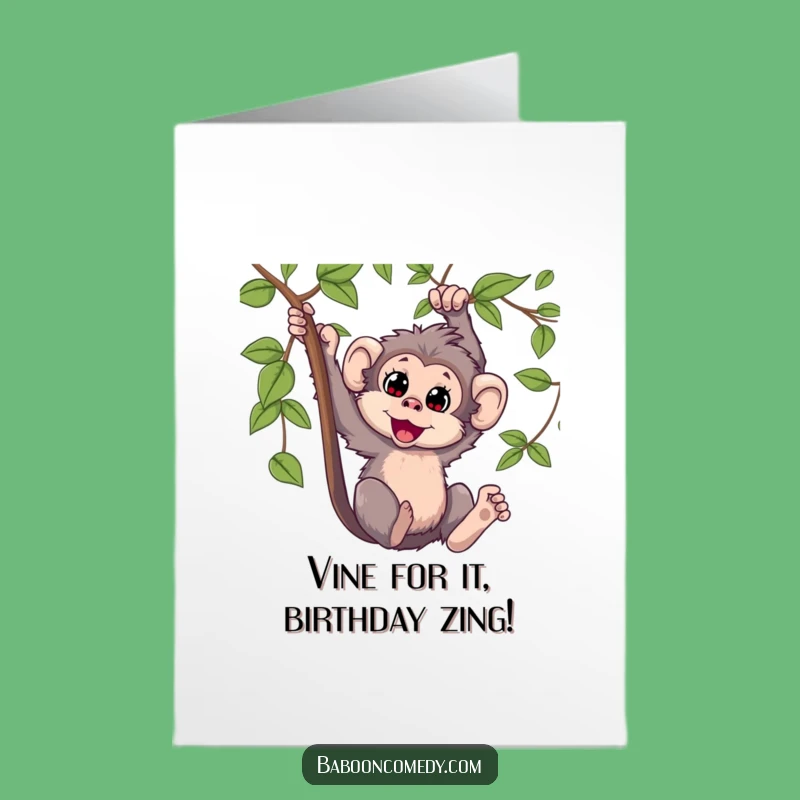 Free Printable Birthday Card: Funny Kawaii Baboon Swinging Joyfully - Downloadable Gift!
