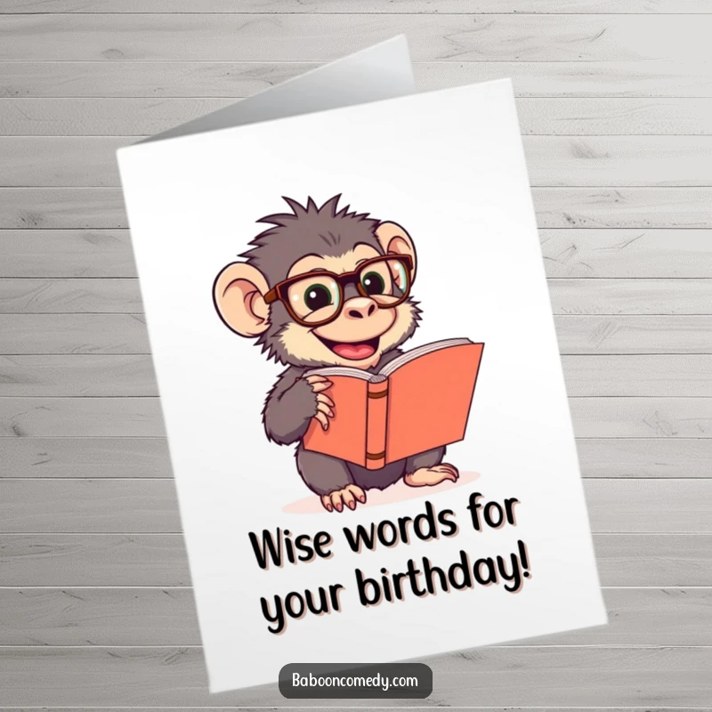 Funny Free Printable Birthday Card: Giggling baboon wearing oversized glasses, engrossed in a large book.