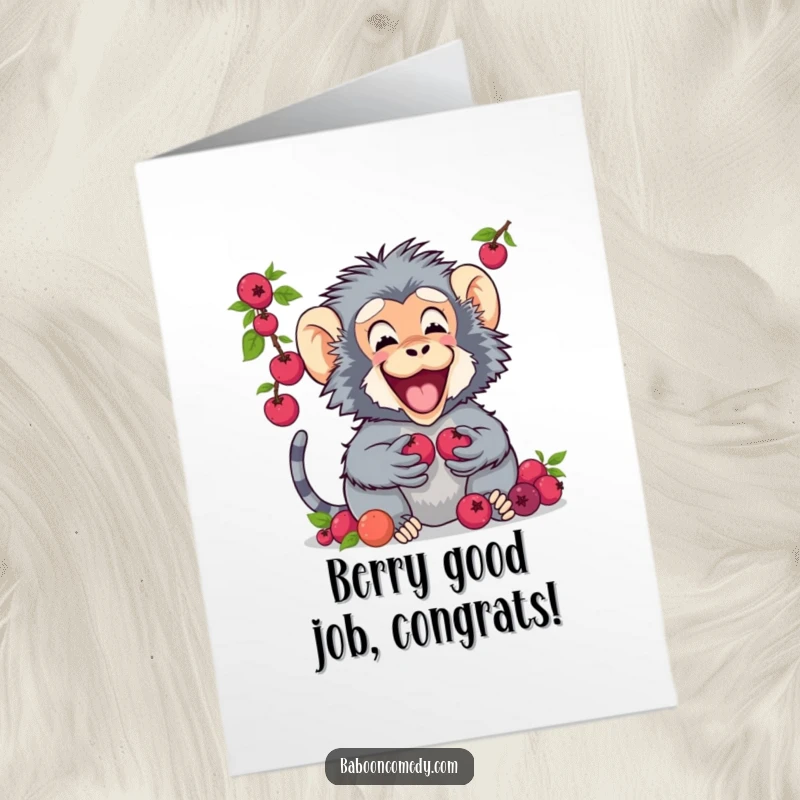 Funny Free Printable Congratulations Card: A cheerful baboon presents a friend with a generous bunch of berries, symbolizing shared success.