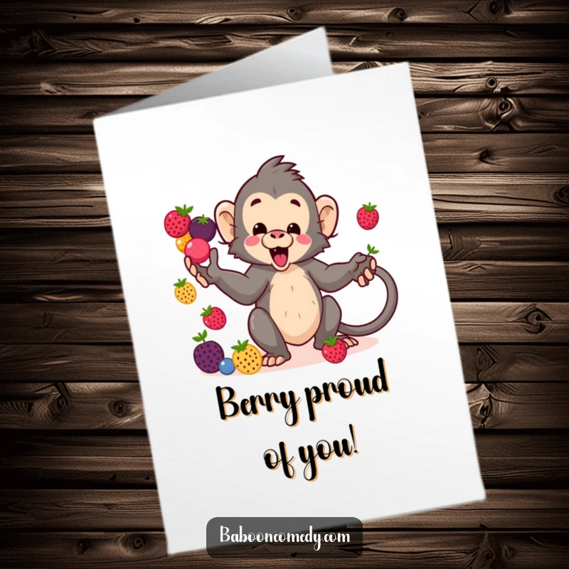 Funny Free Printable Congrats Card: A playful kawaii baboon expertly juggles colorful berries, sharing in the celebration.