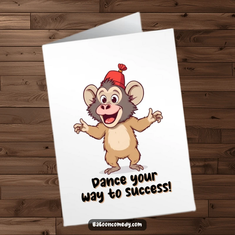 Funny Free Printable Congrats Card: Playful baboon in a fez, dancing joyfully to celebrate your big win.