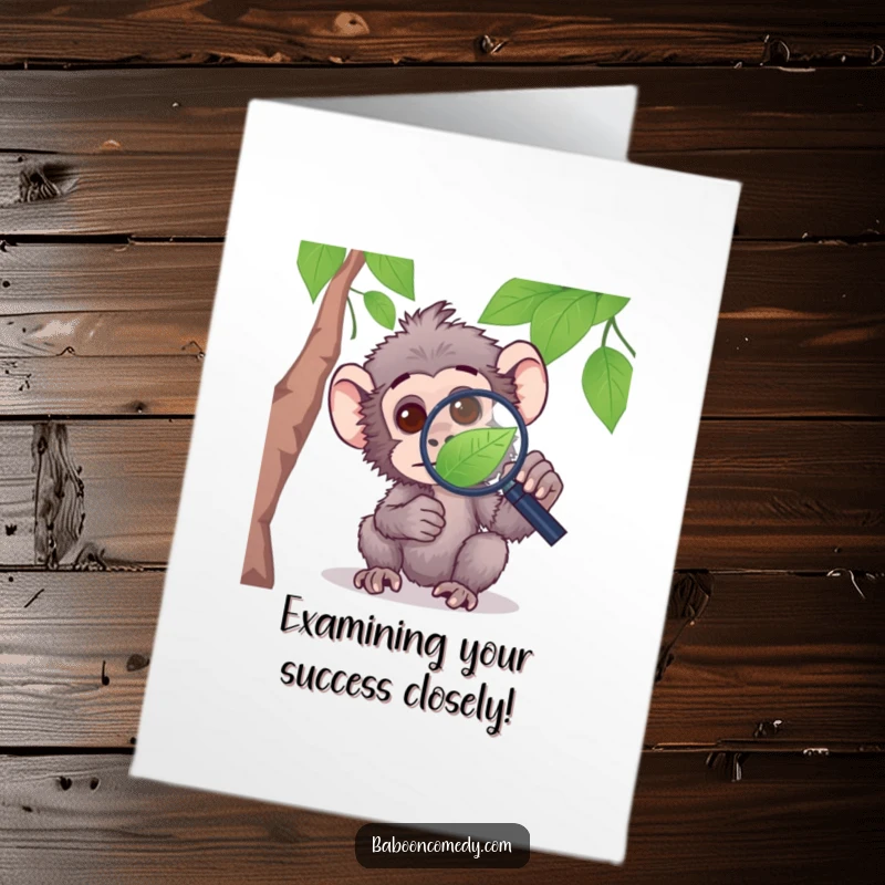 Funny Free Printable baboon congratulations card, with a curious baboon examining a leaf through a magnifying glass.