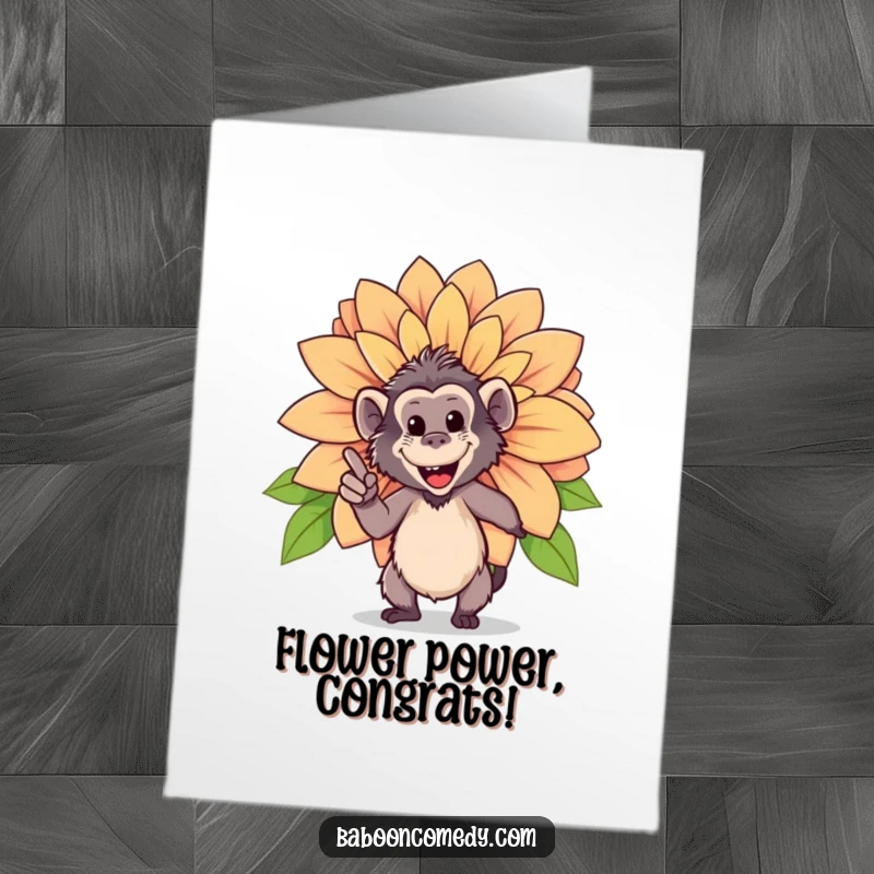 Funny Free Printable Congratulations Card: A happy baboon proudly gestures towards an enormous, spectacular blooming flower.