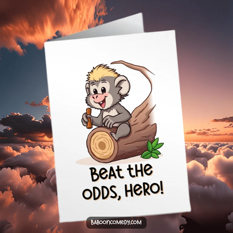 Funny Free Printable Baboon Congrats Card: Baboon beating a hollow log with excitement, celebrating a win. Downloadable.