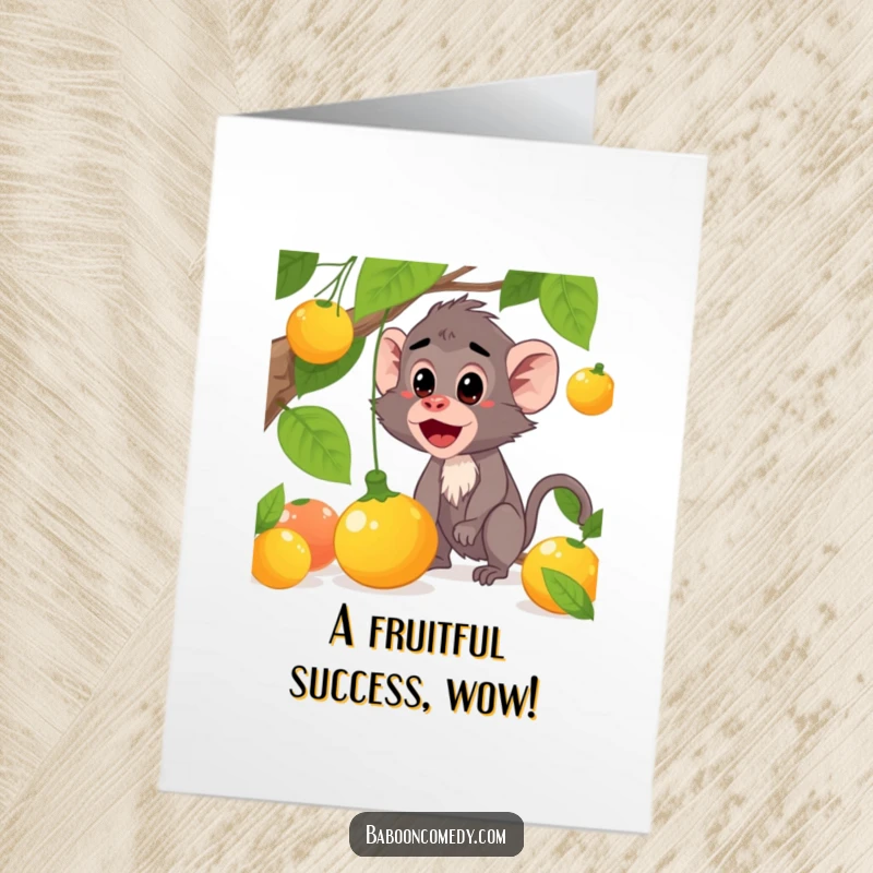 Funny Free Printable Baboon Congrats Card: Baboon surprised by falling fruit, celebrating an unexpected win. Downloadable.