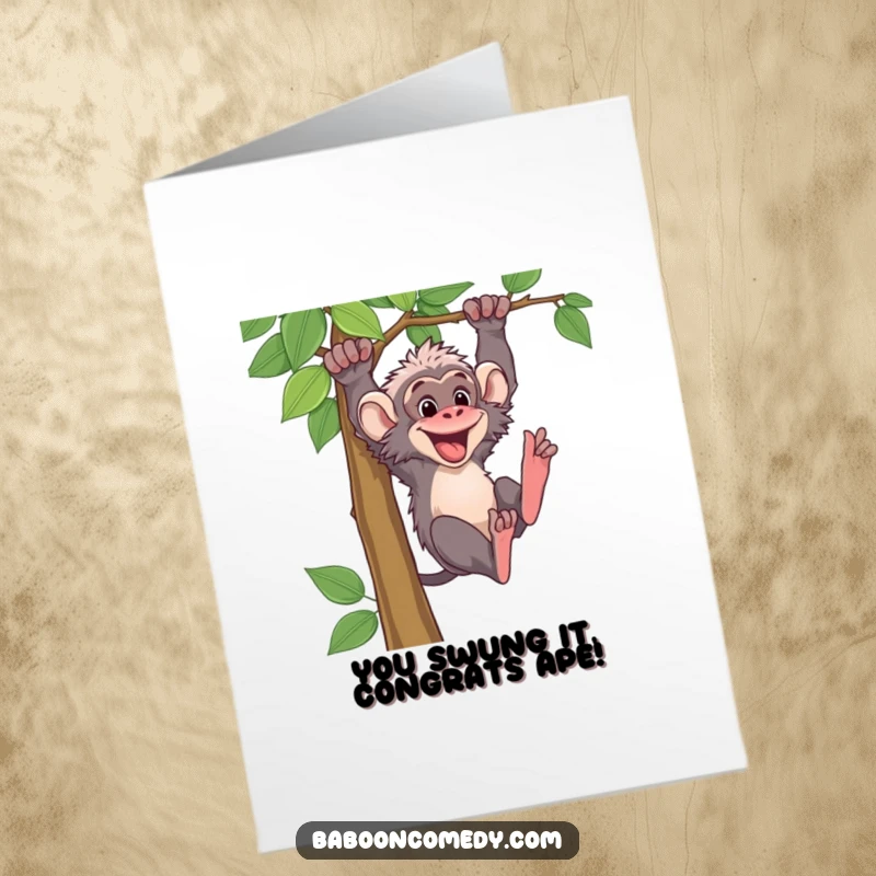 Funny Free Printable Baboon Congratulations Card: Joyful baboon swinging high on a vine, celebrating success with pure exhilaration.
