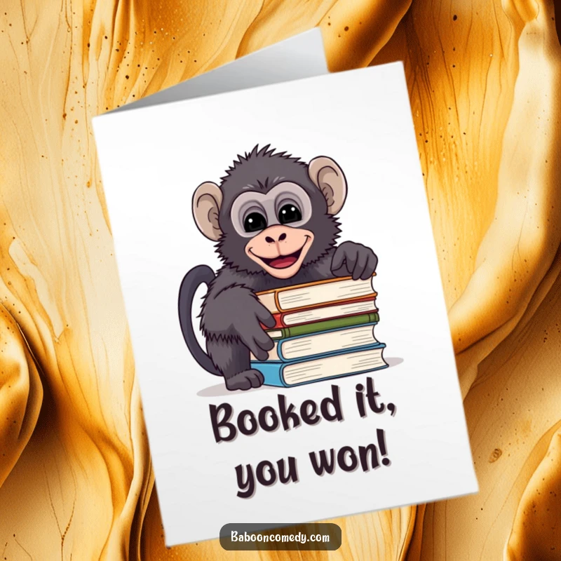 Funny Free Printable Congratulations Card: A mischievous baboon hides behind books, letting out a quiet giggle.