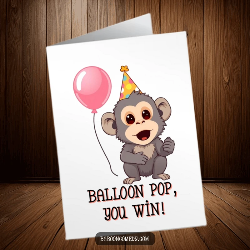 Funny Free Printable Congratulations Card: A baboon wearing a party hat has a surprised expression while holding a balloon.