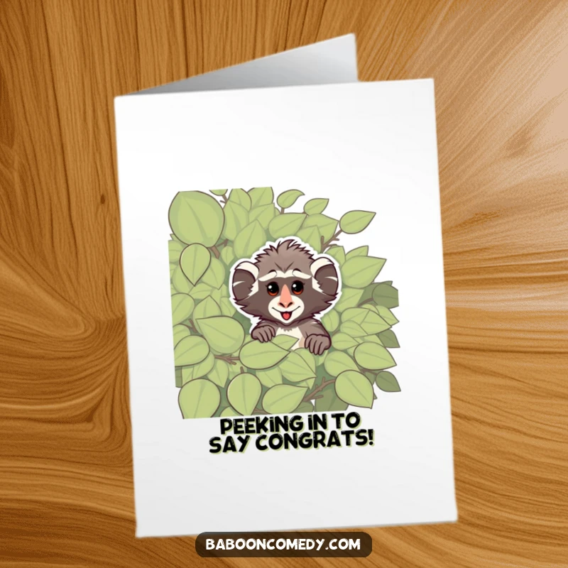 Funny Free Printable Congratulations Card: A cheeky baboon peeking from behind a bush, ready to share good news.