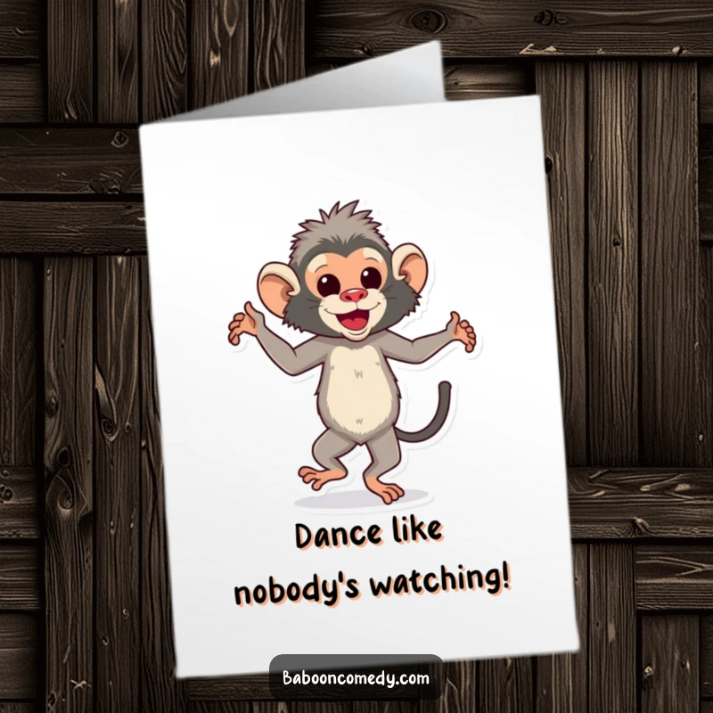 Funny Free Printable Congratulations Card showing a baboon dancing with happy, tapping feet, perfect for any achievement.