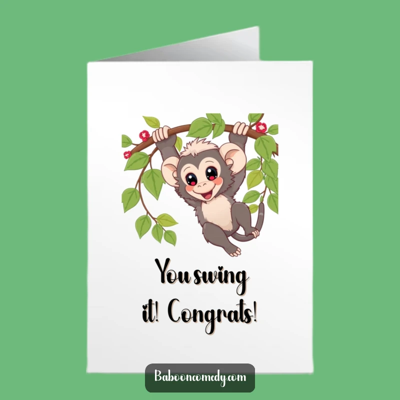 Free Printable Congrats Card: Energetic Kawaii Baboon Vine Swing, Downloadable Gift