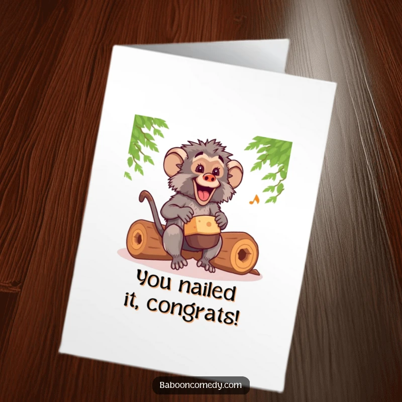 Funny Free Printable Congratulations Card: Kawaii baboon enthusiastically drumming on logs with infectious energy, celebrating a fantastic achievement with joy.