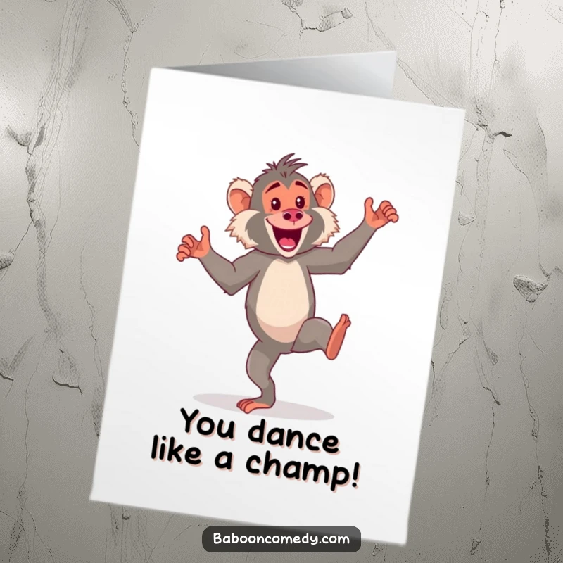 Funny Free Printable Congrats Card: An energetic kawaii baboon performs a funny silly dance on its hind legs, celebrating success.