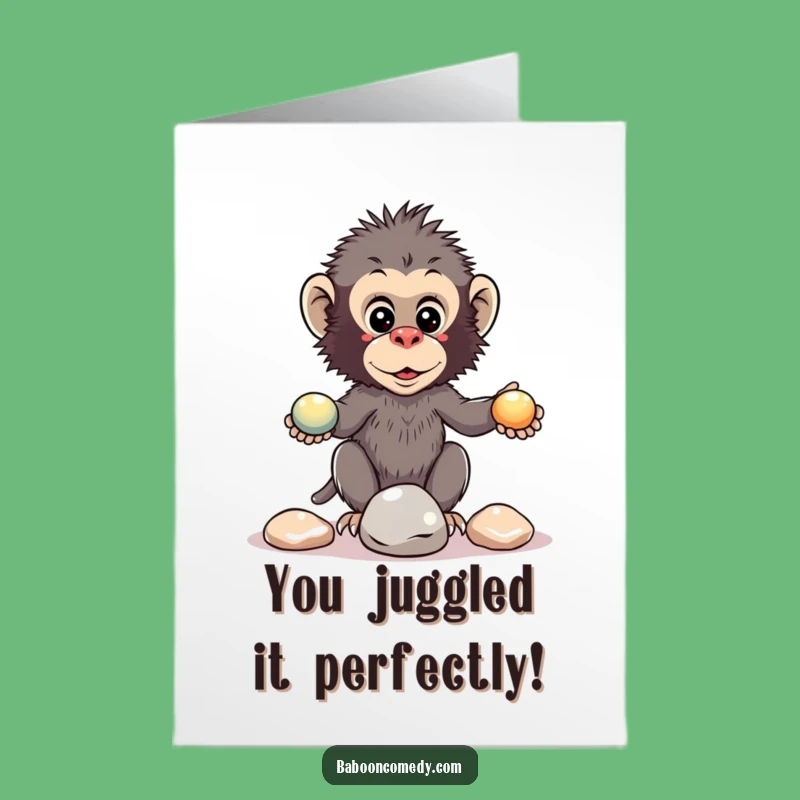 Free Printable Kawaii Baboon Congrats Card: Juggling Success - Downloadable Celebration Art