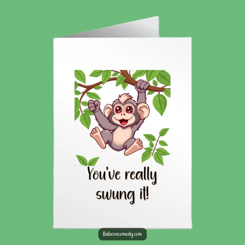 Free Printable Kawaii Baboon Congrats Card: Vine Swinging Triumph - Downloadable Celebration Art