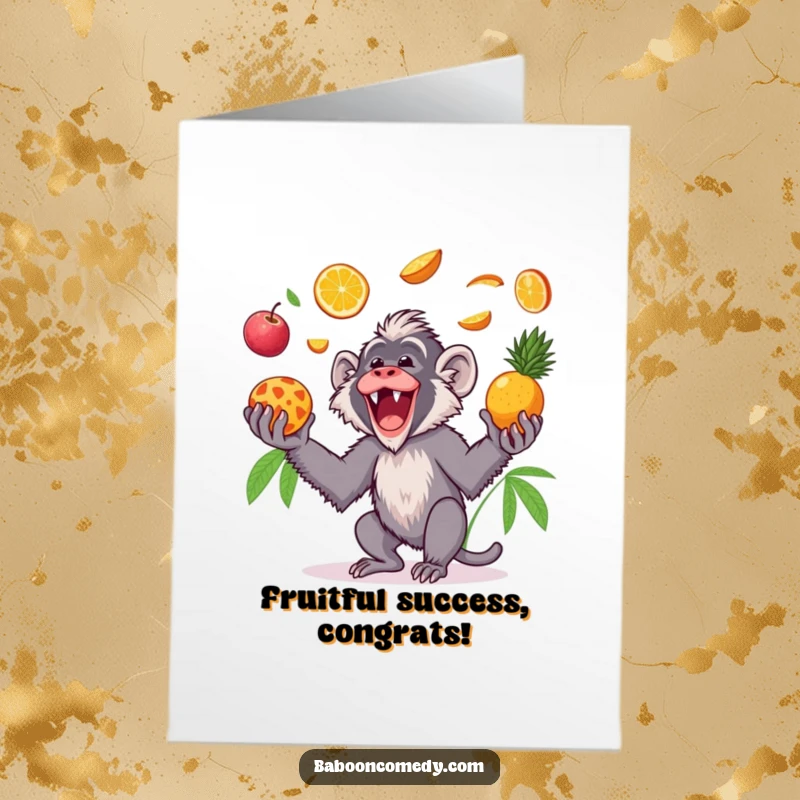 Funny Free Printable Congratulations Card: Excited Kawaii baboon tossing tropical fruits with glee, celebrating a big win.