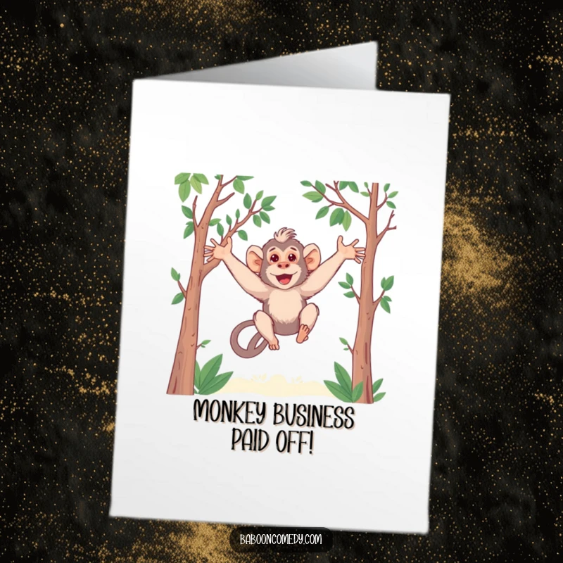 Funny Free Printable Congratulations Card: Kawaii baboon with long arms swinging, celebrating success playfully.