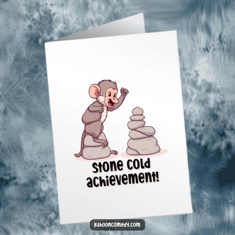 Funny Free Printable Congratulations Card featuring a baboon focused on building a tall, precarious tower of round stones.