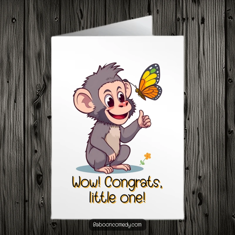 Funny Free Printable Congratulations Card: A curious baboon excitedly pointing at a beautiful butterfly, signifying discovery and wonder.
