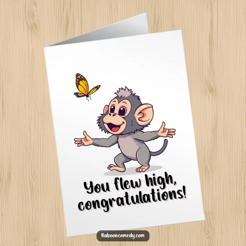 Funny Free Printable Congrats Card: Young baboon joyfully pursuing a butterfly, symbolizing new achievements and happiness.