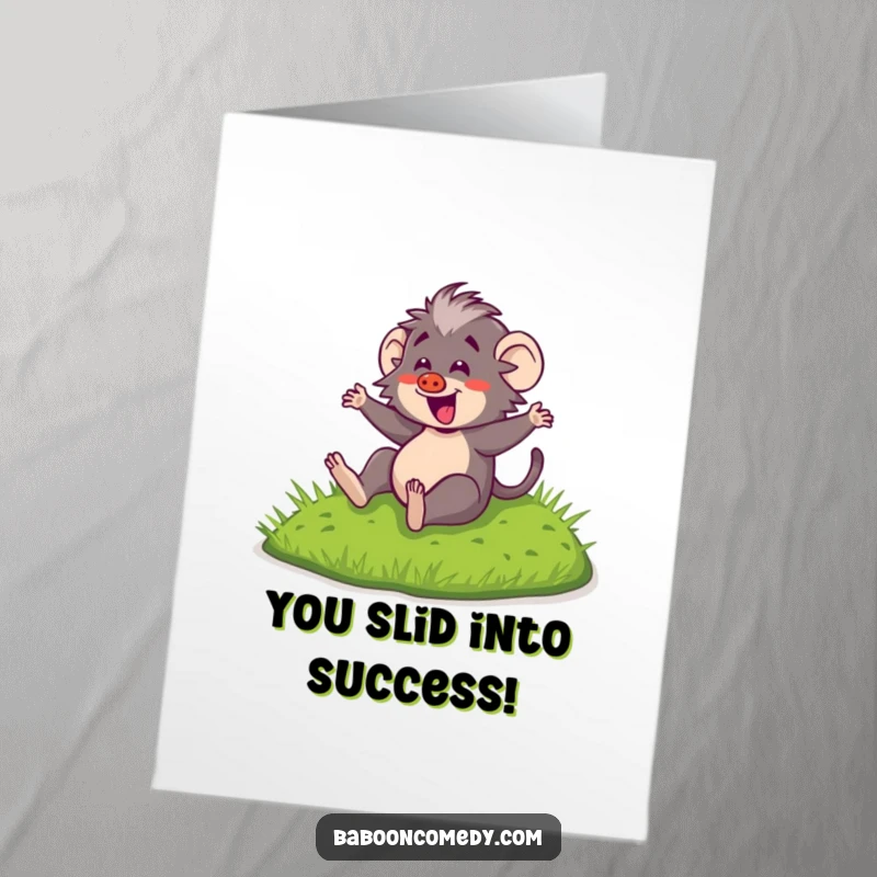 Funny Free Printable Congrats Card: Kawaii baboon sliding downhill, celebrating a triumphant achievement with pure delight.