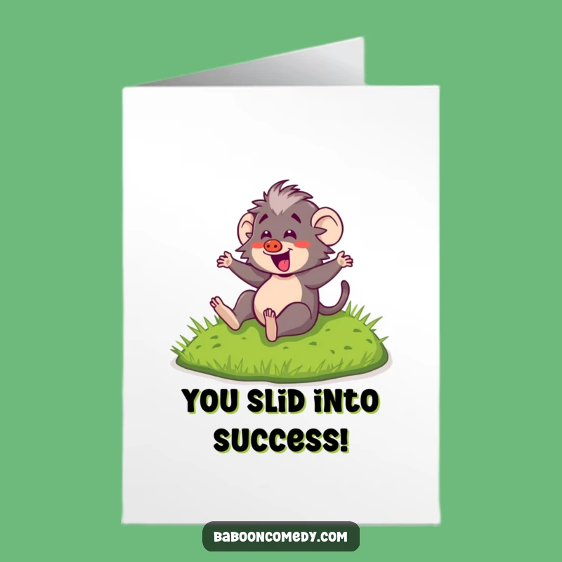 Free Printable Congrats Card: Kawaii Baboon Sliding - Funny Downloadable Celebration!