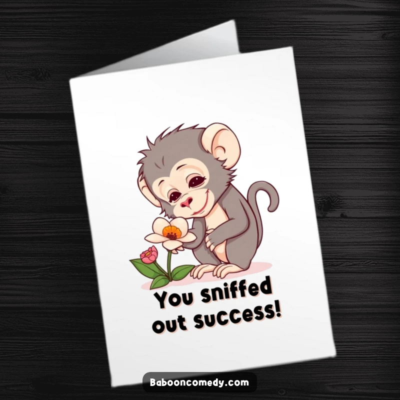 Funny Free Printable Baboon Flower Congratulations Card: A curious baboon examines a strange flower with delight.