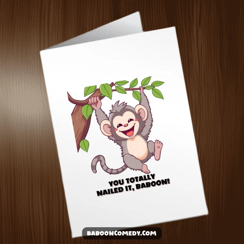 Funny Free Printable Congrats Card: Kawaii baboon swinging from a vine, celebrating success with a huge smile.