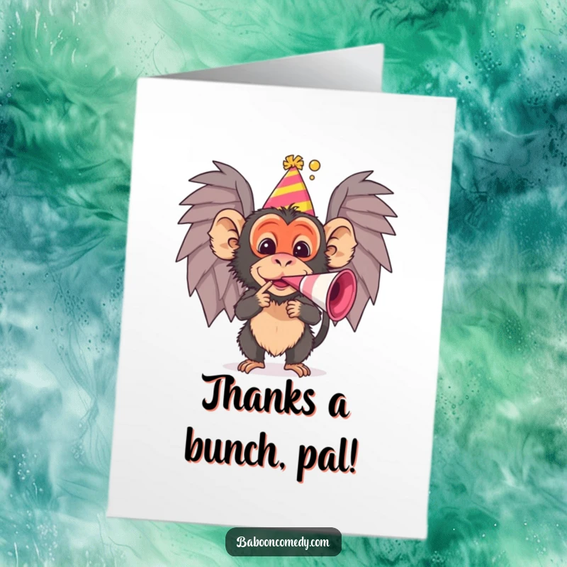 Funny Free Printable Baboon Thank You Card: Enthusiastic baboon blows noisemaker, expressing thanks with a grin. Downloadable.