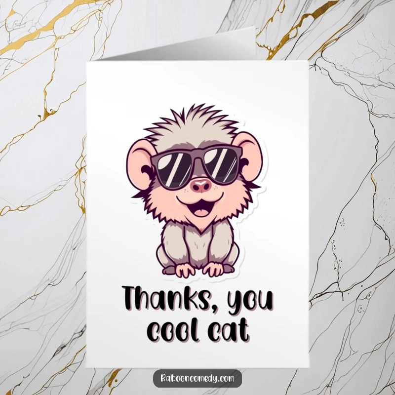 Funny Free Printable Thank You Card of a cool kawaii baboon wearing sunglasses, exuding a chill vibe.