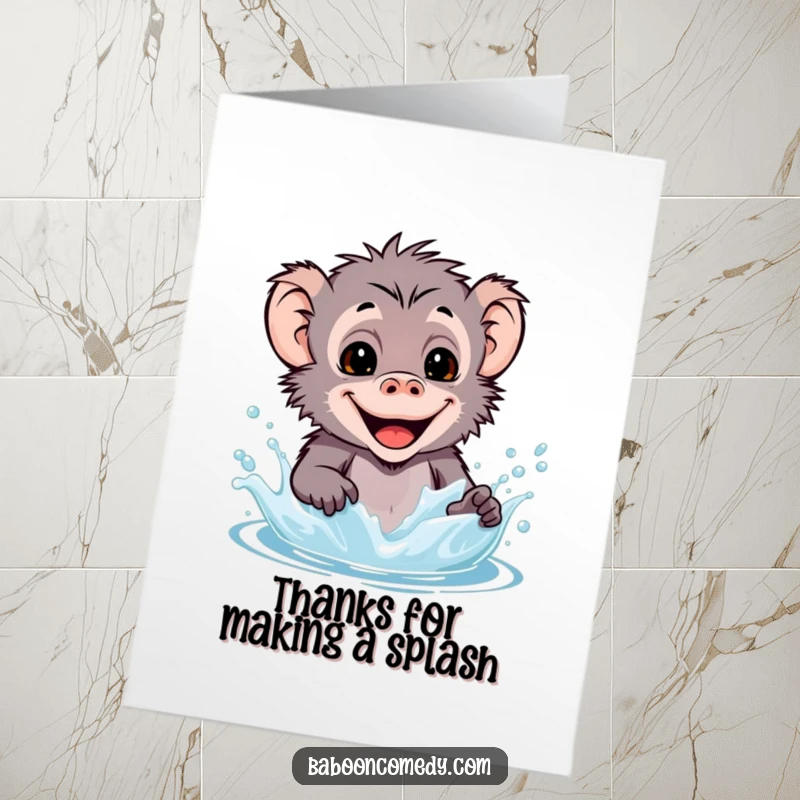 Funny Free Printable Thank You Card: A smiling kawaii baboon playfully splashing water in a delightful way.