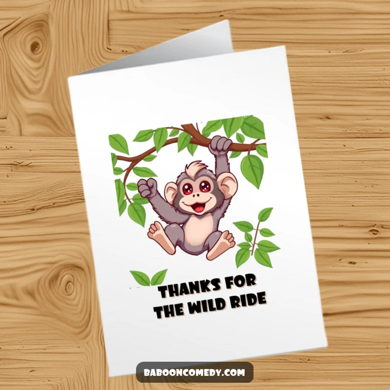 Funny Free Printable Thank You Card: A cute kawaii baboon mid-swing on a vine, its eyes gleaming.