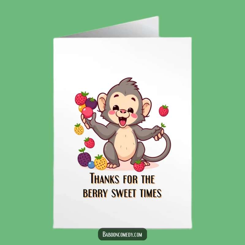 Free Printable Kawaii Baboon Berry Juggling Thank You Card - Funny DIY Downloadable