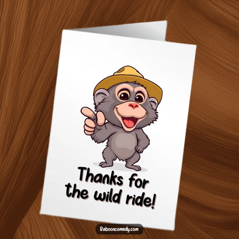 Funny Free Printable Thank You Card: Adventurous safari baboon in hat expressing heartfelt thanks.