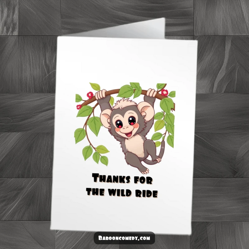 Funny Free Printable Thank You Card: Kawaii baboon playfully swinging on a vine, joyful expression.