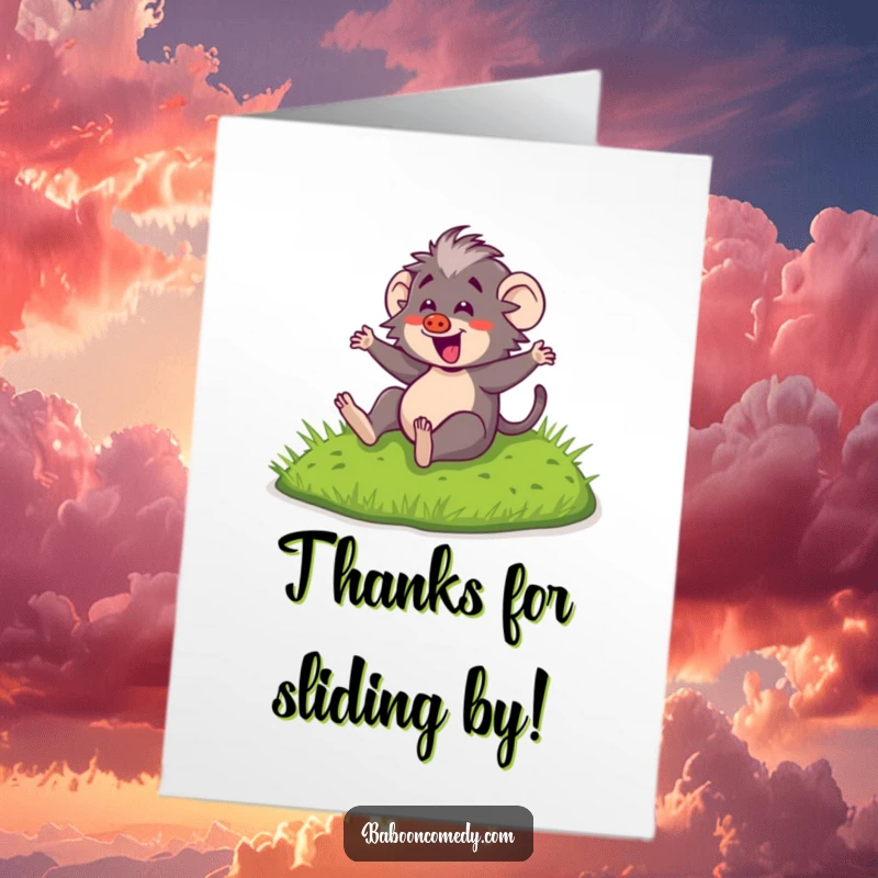 Funny Free Printable Thank You Card: Kawaii baboon sliding, expressing thanks with energetic, cheerful abandon.