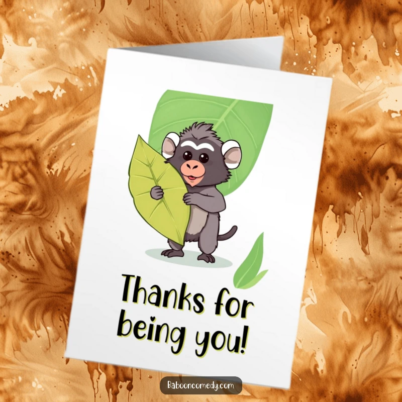 Funny Free Printable Thank You Card: Kawaii baboon holding an exotic leaf shield, looking charmingly heroic.