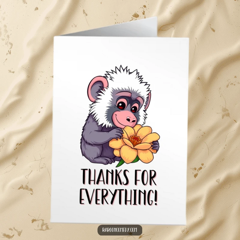 Funny Free Printable Thank You Card: Kawaii baboon gently smiling while curiously studying a large, exotic flower, showing appreciation for beauty.