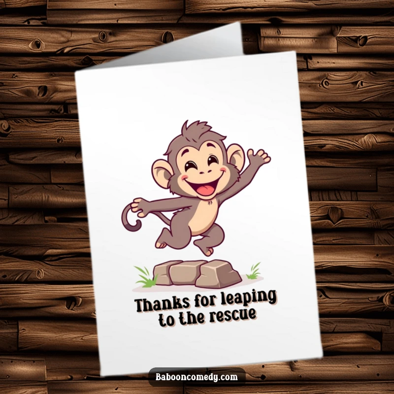 Funny Free Printable Thank You Card: A baboon mid-leap over an obstacle, conveying energetic thanks.