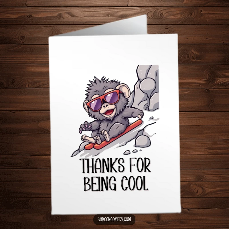 Funny Free Printable Thank You Card: A kawaii baboon in oversized sunglasses is sliding down a rocky slope, looking super cool.
