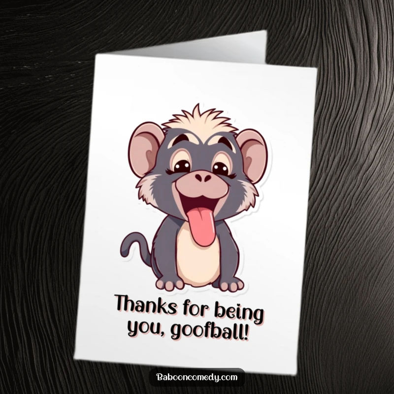 Funny Free Printable Thank You Card: Kawaii baboon making a funny, puckered face and sticking its tongue out playfully.