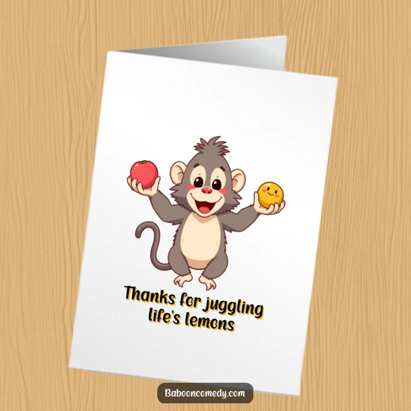 Funny Free Printable Thank You Card with a happy baboon juggling fruits, perfect for expressing sincere gratitude.