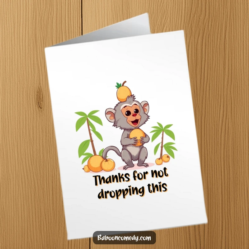 Funny Free Printable Thank You Card: Kawaii baboon struggling to keep a tall stack of coconuts balanced on its head.