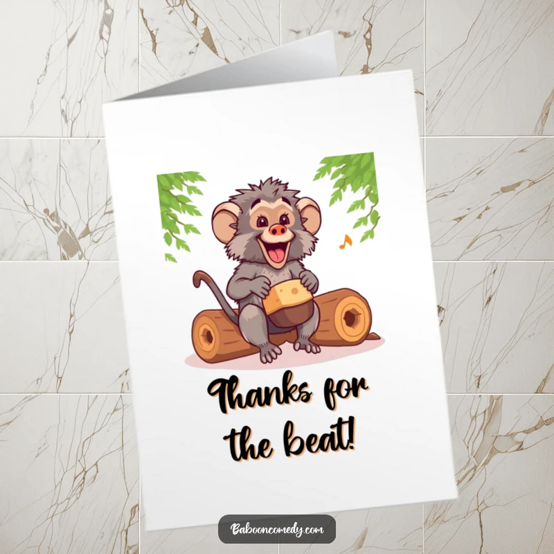 Funny Free Printable Thank You Card: Kawaii baboon drumming a happy tune on hollow logs, expressing heartfelt thanks with a rhythmic beat.